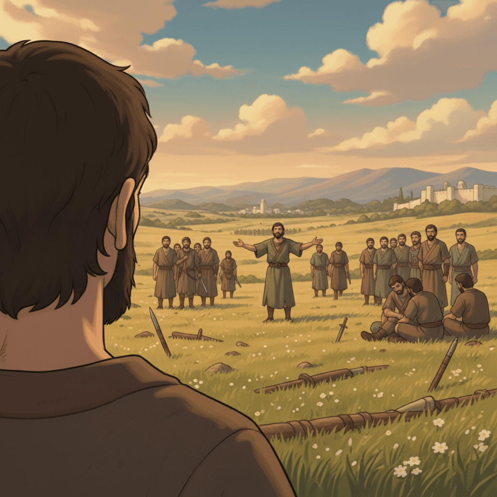 Defeated Ammonite soldiers lie on a battlefield, symbolizing the consequences of disobedience and the victory of faith.
